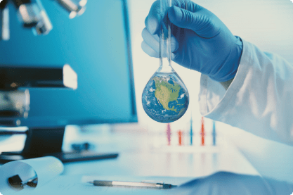 A gloved hand holds a flask with Earth inside, symbolizing scientific exploration and environmental care.