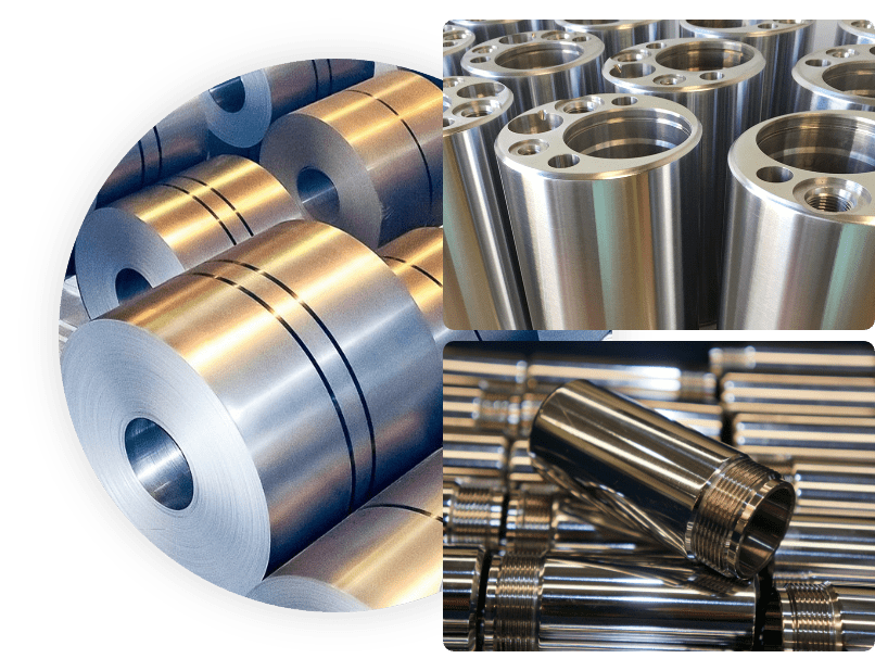 Metal industry collage showing coiled steel rolls, polished cylindrical metal parts with holes, and shiny threaded rods, highlighting manufacturing.