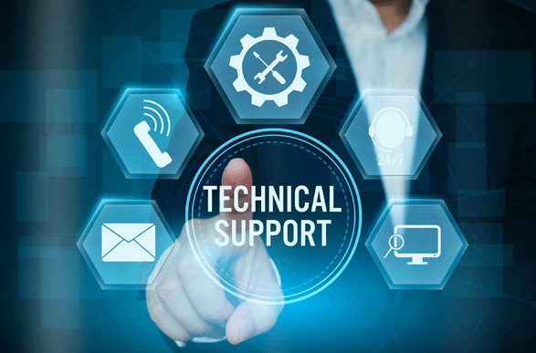 A person in a suit taps a transparent panel labeled "Technical Support," surrounded by icons: phone, gear, email, headset, and computer, symbolizing service solutions.