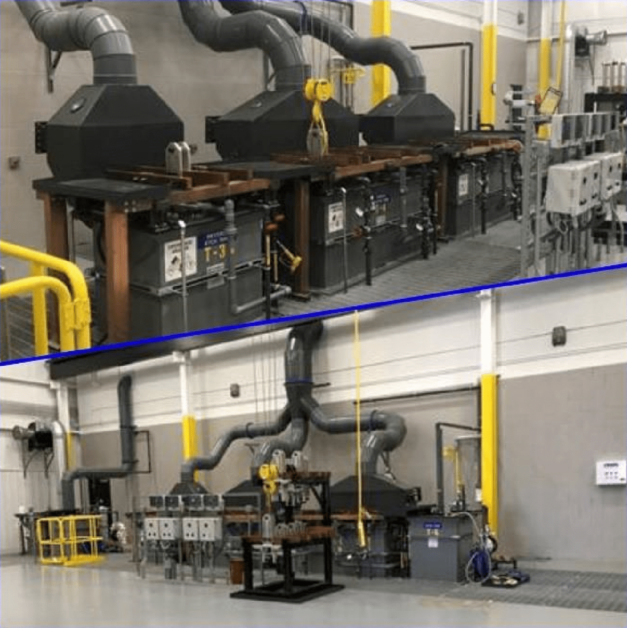 Two industrial images show a machinery setup in a factory.