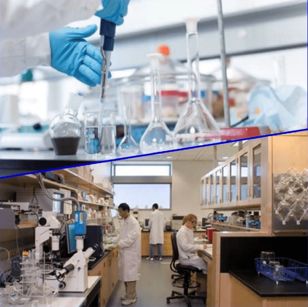Split image of a lab scene; top shows a gloved hand using a pipette near glassware, bottom shows scientists working among lab benches and equipment.