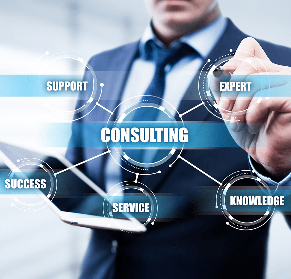A businessperson in a suit interacts with virtual icons labeled "Support," "Expert," "Success," "Service," "Knowledge," surrounding "Consulting."